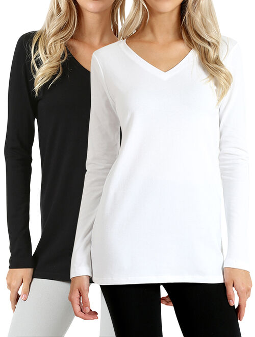 Buy Women Basic Cotton Loose Fit V-Neck Long Sleeve T-Shirt Top online ...