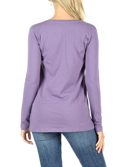 Women Basic Cotton Loose Fit V-Neck Long Sleeve T-Shirt Top