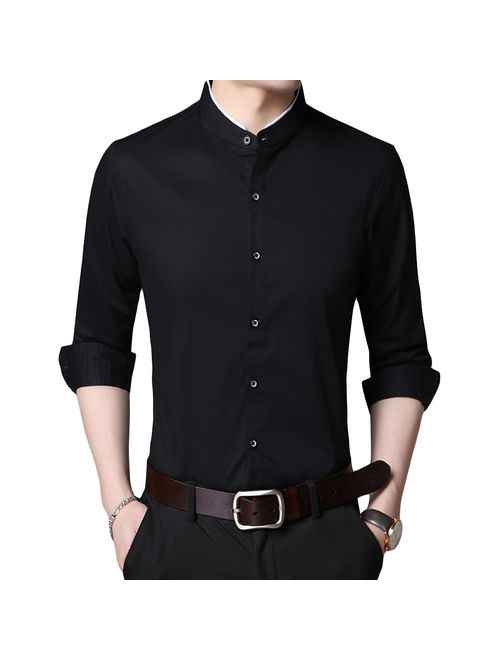 HiLY Men's Tuxedo Shirt Banded Collar Dress Shirt Slim Fit Long Sleeve Cotton Tuxedo Dress Shirts for Men