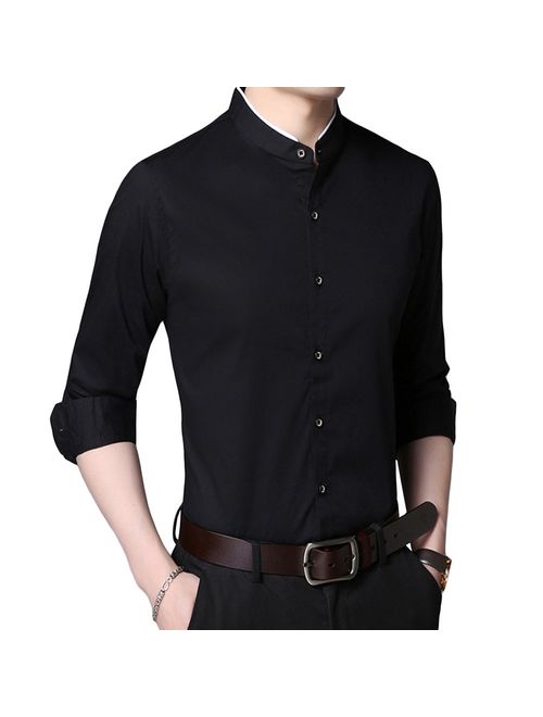 HiLY Men's Tuxedo Shirt Banded Collar Dress Shirt Slim Fit Long Sleeve Cotton Tuxedo Dress Shirts for Men