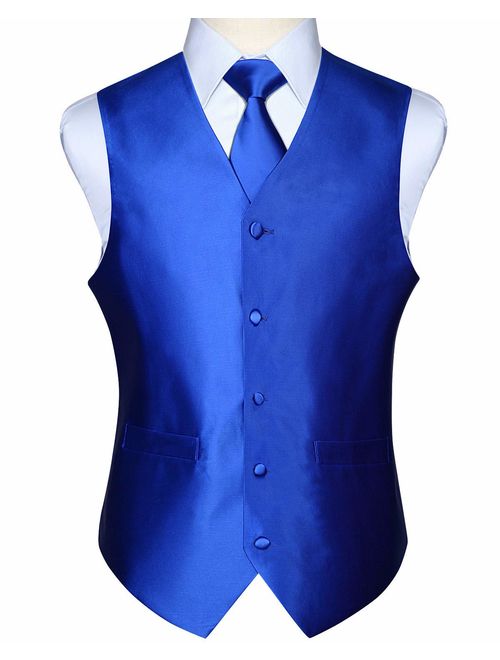 HISDERN Men's Classic Solid Color Jacquard Waistcoat & Necktie and Pocket Square Vest Suit Set