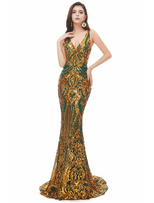 Ikerenwedding Women's V-Neck Sequins Sleeveless Lace-up Mermaid Evening Dress