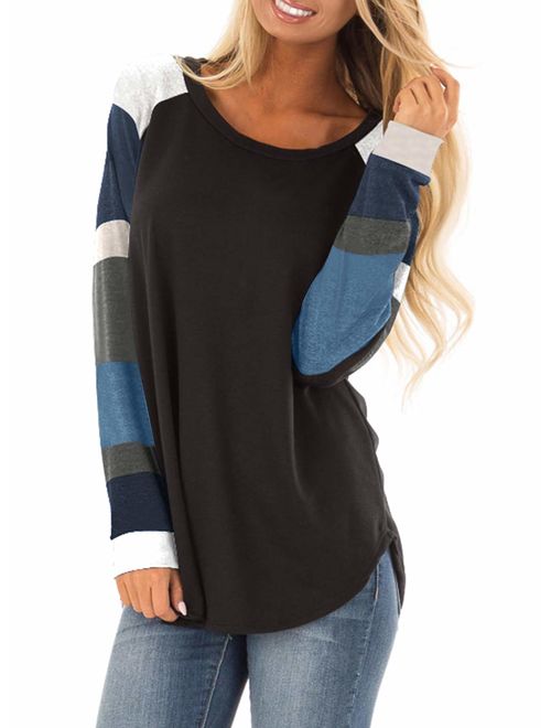 Actloe Women Long Sleeve Striped Color Block Casual Hoodies Loose Patchwork Pullover Sweatshirt Knit Tops