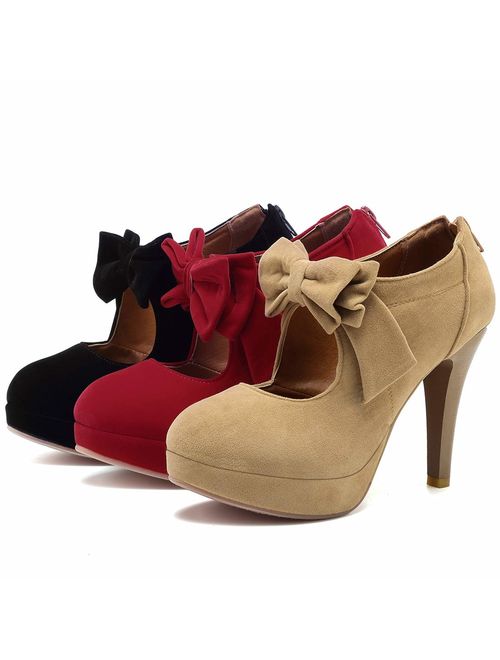 Mostrin Fashion Vintage Womens Small Bowtie Platform Pumps Ladies Sexy High Heeled Shoes