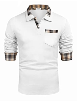 Men's Classic Casual Long Sleeve Plaid Collar Polo Shirt with Pockets