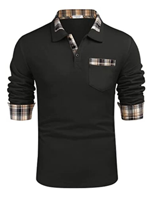 COOFANDY Men's Classic Casual Long Sleeve Plaid Collar Polo Shirt with Pockets