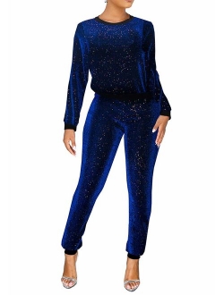 Adogirl Womens Sexy 2 Piece Outfits Glitter Sequin Metallic Top and Pants Set Bodycon Jumpsuit Romper Clubwear