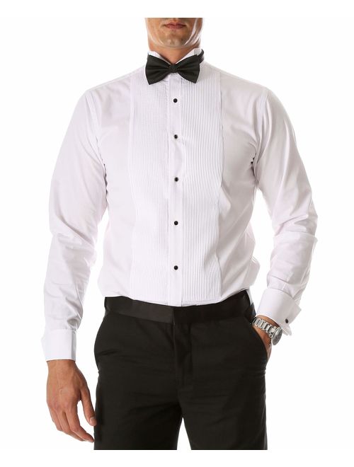 Ferrecci Men's Max White Slim Fit Wing Tip Collar Pleated Tuxedo Shirt with Bowtie