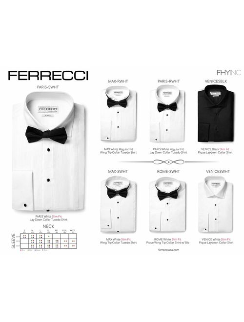 Ferrecci Men's Max White Slim Fit Wing Tip Collar Pleated Tuxedo Shirt with Bowtie