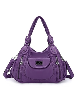 Women Handbags Shoulder Bags Washed Leather Satchel Tote Bag Mutipocket Hobo Purse