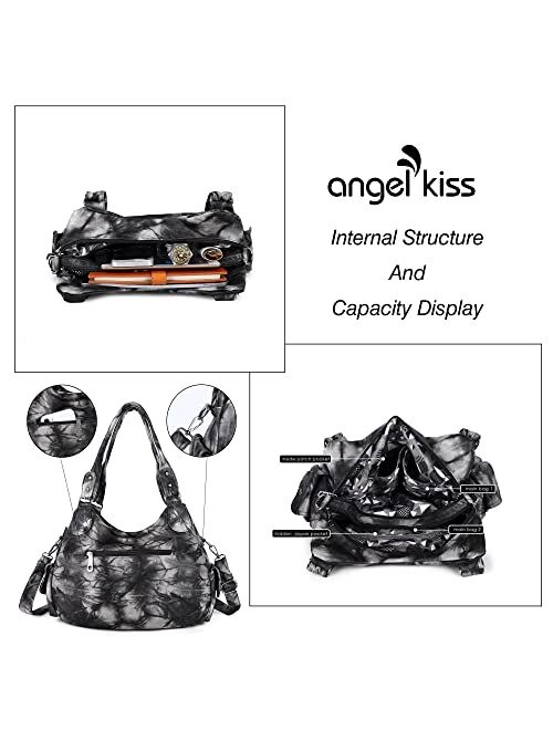 Angel Kiss Women Handbags Shoulder Bags Washed Leather Satchel Tote Bag Mutipocket Hobo Purse