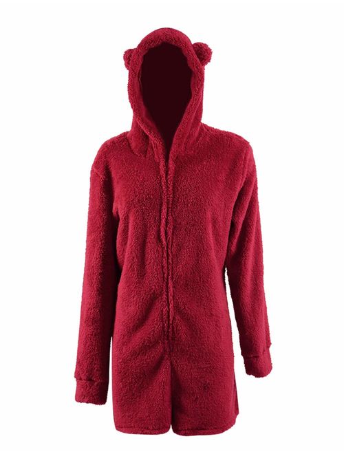 Simayixx Ladies Cute Long Sleeve Sleepwear Fleece Hooded Cozy Sherpa Romper Fluffy Short Pajamas