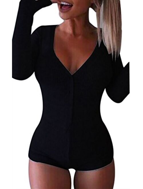 Moxeay Womens Long Sleeve Shorts V Neck One Piece Bodysuit Bodycon Rompers Overall