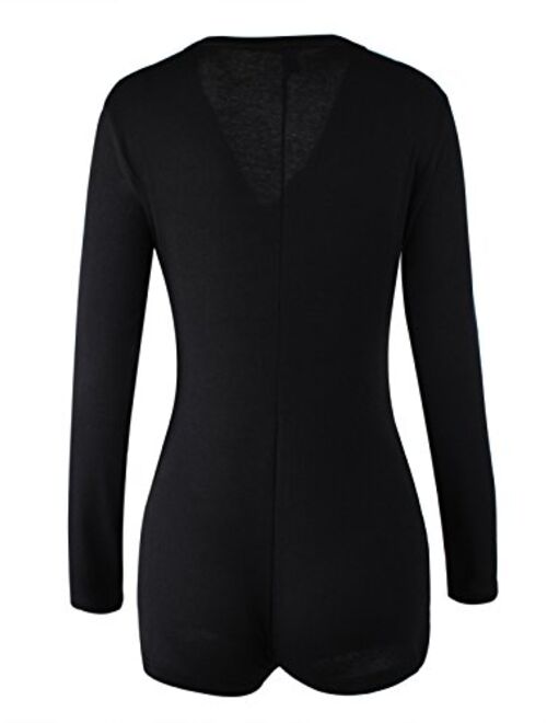Moxeay Womens Long Sleeve Shorts V Neck One Piece Bodysuit Bodycon Rompers Overall
