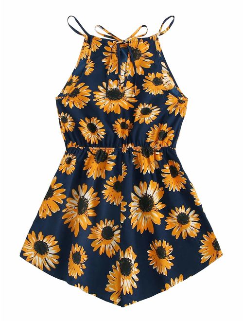 SheIn Women's Tropical Floral Tie Back Belted Halter Romper Boho Sleeveless Playsuit Summer Jumpsuit Casual Jumper