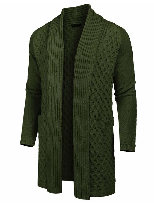 JINIDU Men's Cardigan Sweater Long Knit Jacket Thermal Wool Shawl Collar Coat