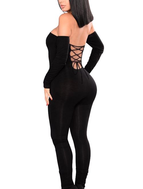 GOBLES Women Long Sleeve Sexy Off Shoulder Lace Up One Piece Jumpsuit Rompers