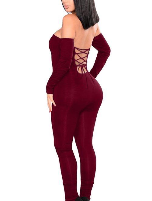 GOBLES Women Long Sleeve Sexy Off Shoulder Lace Up One Piece Jumpsuit Rompers
