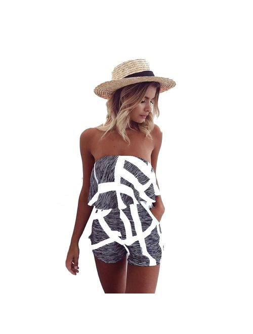 DDSOL Women Sexy Off Shoulder Floral Printed Playsuit One Piece Summer Strapless Romper Beach Short Jumpsuit