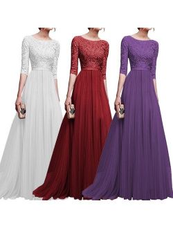Women's Vintage Floral Lace 3/4 Sleeves Floor Length Retro Evening Cocktail Formal Bridesmaid Gown Long Maxi Dress