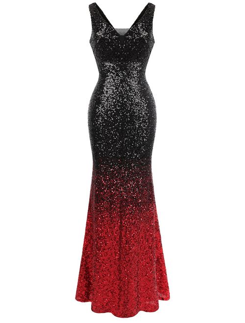 Angel-fashions Women's V Neck Glitter Sequin Gatsby 20s Flapper Evening Dress