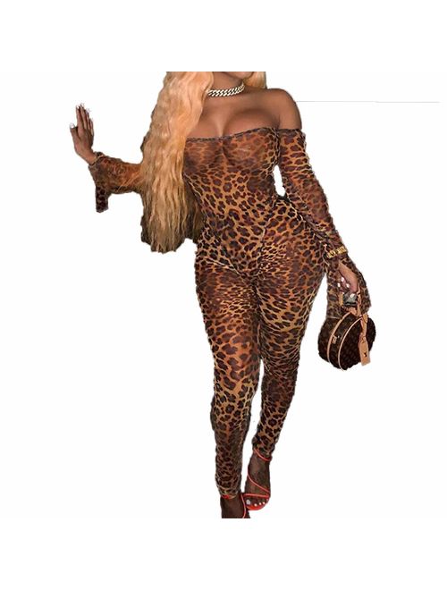 IyMoo Sexy Bodycon Club Jumpsuits for Women - Off Shoulder Printed Mesh Sheer Trumpet Long Sleeve Party Long Romper Catsuit