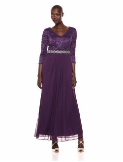 Women's Long V-Neck Embellished Lace Dress with Overlay Skirt