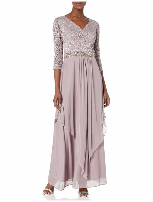 Alex Evenings Women's Long V-Neck Embellished Lace Dress with Overlay Skirt