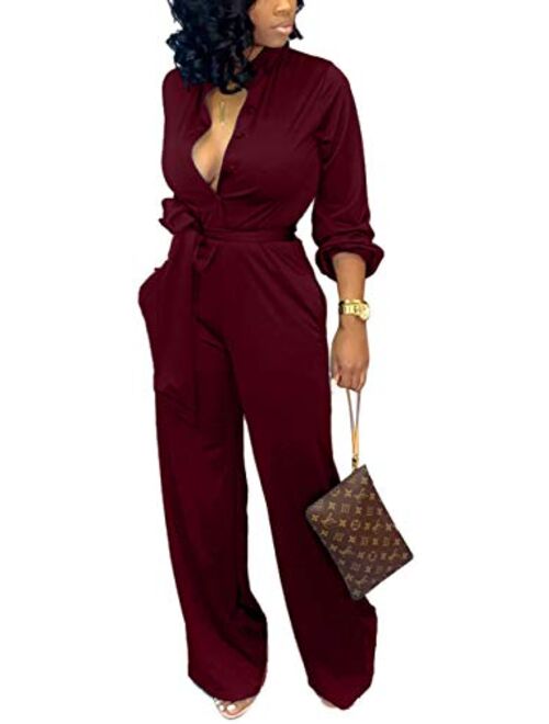 Yiershu Women's Sexy V Neck Jumpsuits Elegant Long Sleeve Button Down Straight Long Pants Business Romper with Pockets Belt