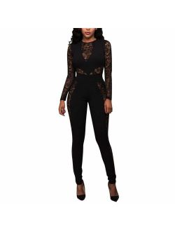 Ophestin Womens Sexy Lace Jumpsuit See Through Mesh Long Sleeve Romper Clubwear