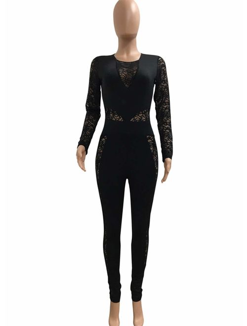 Ophestin Womens Sexy Lace Jumpsuit See Through Mesh Long Sleeve Romper Clubwear