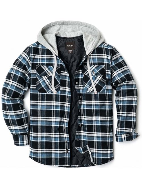 CQR Men’s Hooded Quilted Lined Flannel Shirt Jacket Long Sleeve Plaid Button Up Jackets 
