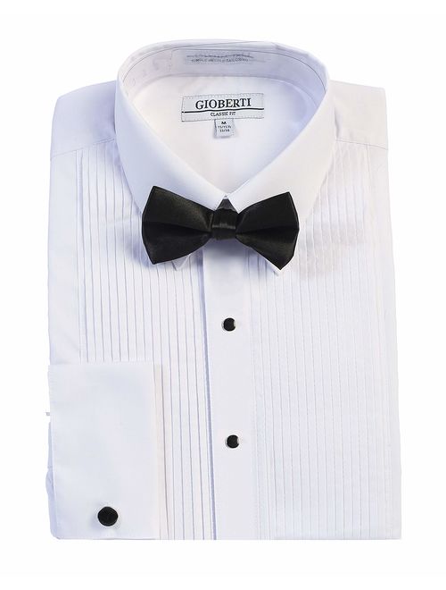 Gioberti Men's Wing Tip Collar White Tuxedo Dress Shirt with Bow Tie