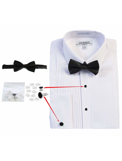 Gioberti Men's Wing Tip Collar White Tuxedo Dress Shirt with Bow Tie