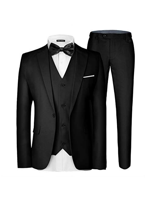 MAGE MALE Mens Casual Suit Slim Fit 3-Piece Business One Button Tuxedo Wedding Dinner Jacket Tux Blazer Vest Pants Sets 