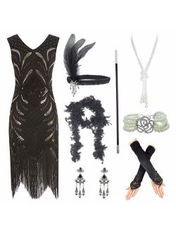Women's Roaring 20s V-Neck Gatsby Flapper Dresses with Accessories Set