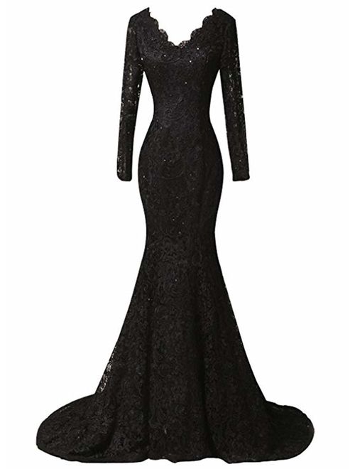 Women's Elegant Long Sleeves Lace Prom Dresses Mermaid V-Neck Beaded Formal Evening Party Gowns