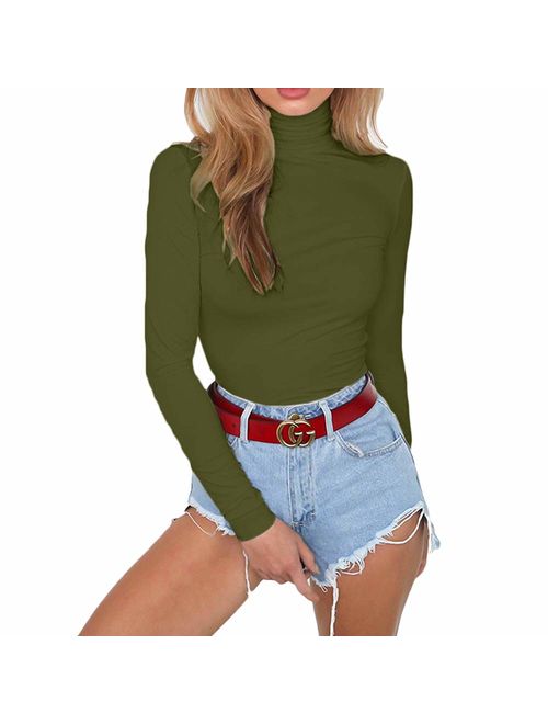 Meyeeka Womens Stretchy Turtleneck Long Sleeve Bodysuits Basic Bodycon Leotard