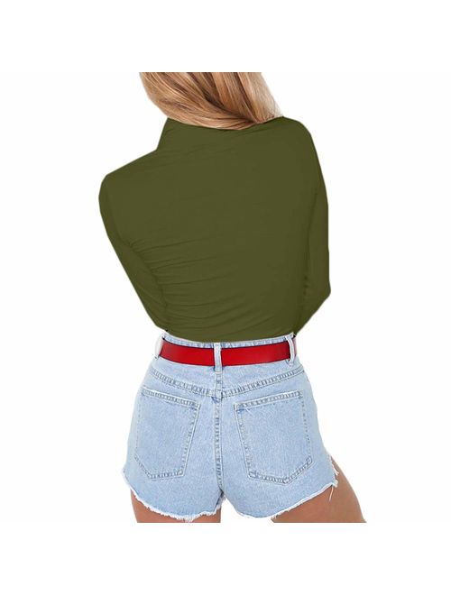 Meyeeka Womens Stretchy Turtleneck Long Sleeve Bodysuits Basic Bodycon Leotard