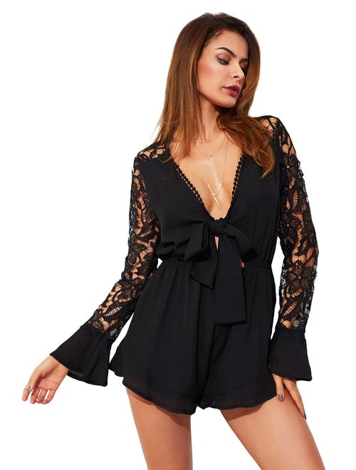 ROMWE Women's Pom Pom Detail Knotted Front Lace Sleeve Frill Short Romper Jumpsuit