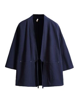 PRIJOUHE Men's Japanese Fashion Kimono Cardigan Plus Size Jacket Yukata Casual Cotton Linen Seven Sleeve Lightweight