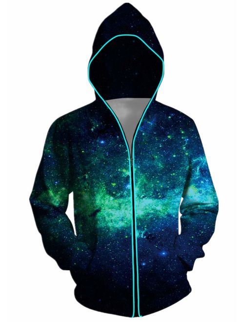 Light Up Hoodie for Men Zip up 3D Pattern Print LED Jacket Casual Glow Sweatshirts with Pockets 