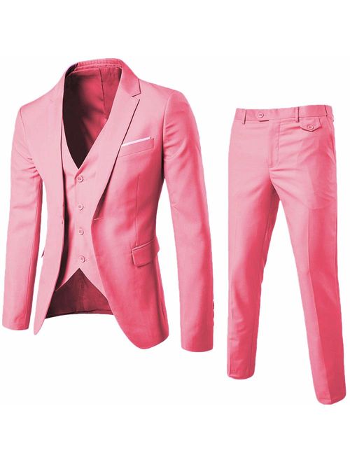 WULFUL Men’s Slim Fit Suit One Button 3-Piece Blazer Dress Business Wedding Party Jacket Vest & Pant
