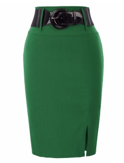 Women's Stretchy Pencil Skirt Side Pleated Business Skirts with Belt KK271(28 Color)