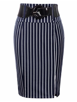 Women's Stretchy Pencil Skirt Side Pleated Business Skirts with Belt KK271(28 Color)