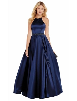 Long Halter Prom Dresses with Pockets Beaded A-line Satin Ball Gown for Women Formal Evening