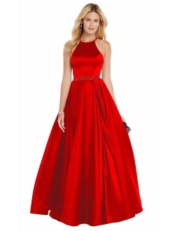 Long Halter Prom Dresses with Pockets Beaded A-line Satin Ball Gown for Women Formal Evening