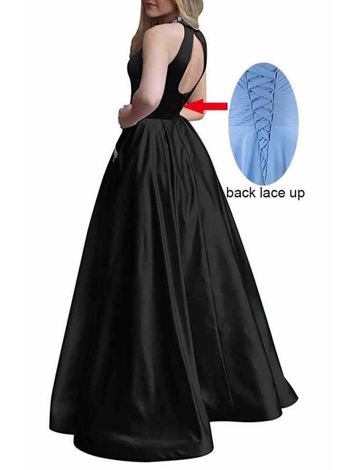 Gricharim Long Halter Prom Dresses with Pockets Beaded A-line Satin Ball Gown for Women Formal Evening