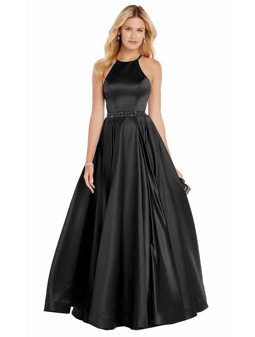 Gricharim Long Halter Prom Dresses with Pockets Beaded A-line Satin Ball Gown for Women Formal Evening