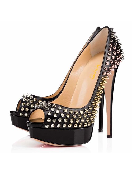 XYD Women Peep Toe Rivet Studded Pumps Stiletto High Heels Platform Slip On Prom Evening Party Dress Shoes